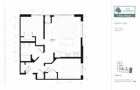 Floor plan for 2 beds, 1 bath, 846 sqft